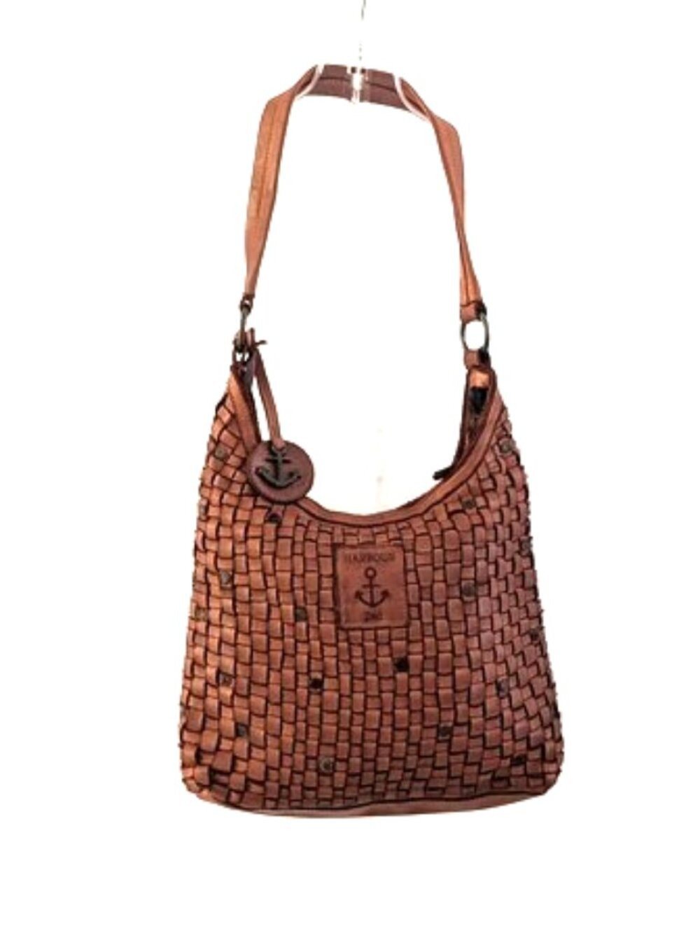 Anchor-Accent Woven Hobo Bag in Brown